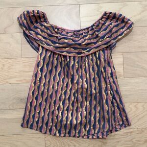Oliphant Blue, Gold, and Pink Flutter Sleeve Blouse.